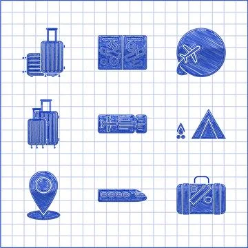 Set Airline ticket, Train, Suitcase for travel and stickers, Tourist tent w.. Illustration