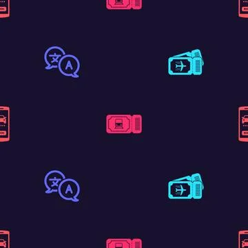 Set Airline ticket, Translator, Train and Online car sharing on seamless pattern Illustrazione stock