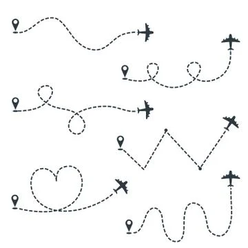 Set of airplane dashed lines path with start point and dash line trace. aroun Stock Illustration