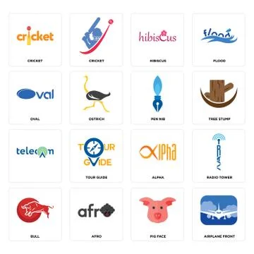 Set of airplane front, pig face, bull, alpha, , pen nib, oval, hibiscus, cric Illustrazione stock gratuita