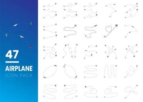 Set of Airplane line path vector icon of air plane flight route with start po Illustrazione stock