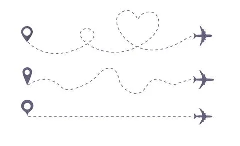 Set of Airplane line path vector icon of air plane flight route. Stock Illustration