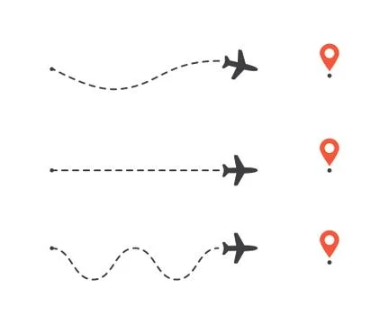 Set of airplane path to location pin. Plane route lines. Tourism and travel Stock Illustration