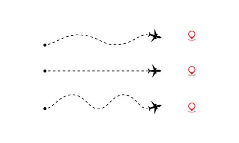 Set of airplane path to location pin. Flight tourism route path. Vector on is Stock Illustration