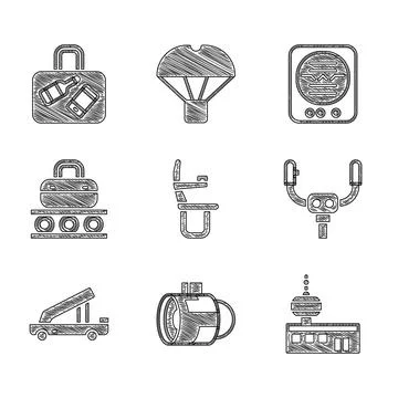 Set Airplane seat, Jet engine turbine, Airport control tower, Aircraft steering Ilustración de archivo
