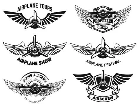 Set of airplane show labels. Emblems with wings and propellers. Vector design Stock Illustration