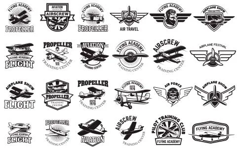 Set of airplane training center emblems. Design elements for log Illustrazione stock