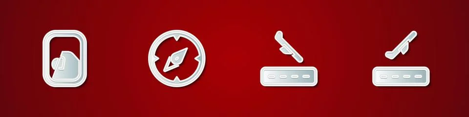 Set Airplane window, Compass, Plane landing and takeoff icon. Vector Stockillustratie