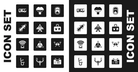 Set Airplane window, Jet fighter, Rocket, Airport bus, Suitcase, Box flying on Illustrazione stock