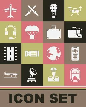 Set Airplane window, Mobile with ticket, Suitcase, Hot air balloon, Box flying Illustrazione stock