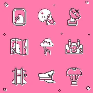 Set Airplane window, Modern pilot helmet, Radar, World travel map, Storm, Air 스톡 일러스트