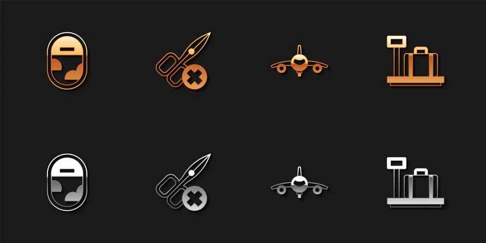 Set Airplane window, No scissors, Plane and Scale with suitcase icon. Vector Stockillustratie