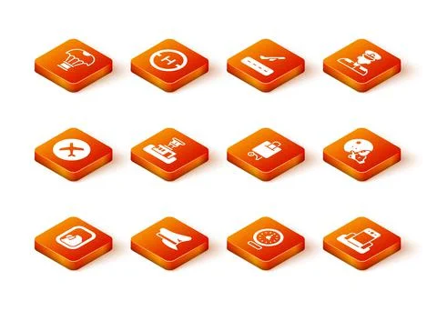 Set Airplane window, Pilot hat, Plane, Airport control tower, Clock, Suitcase Stock Illustration