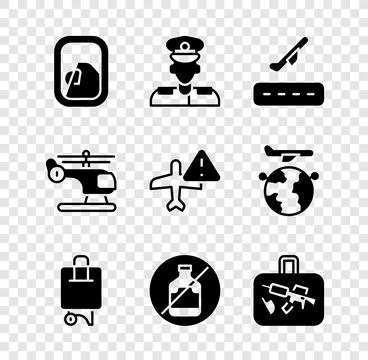 Set Airplane window, Pilot, Plane takeoff, Suitcase, No alcohol, Helicopter.. Illustration