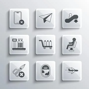Set Airplane window, Plane, Human waiting airport terminal, Trolley baggage, No Stock Illustration