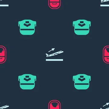 Set Airplane window, Plane takeoff and Pilot hat on seamless pattern. Vector Stockillustratie