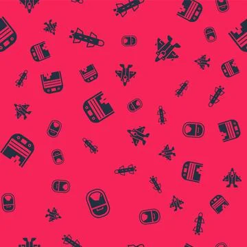 Set Airplane window, Rocket, Aircraft hangar and Jet fighter on seamless pattern Stock Illustration