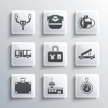 Set Airport control tower, Barometer, Passenger ladder, Suitcase, bus, Aircraft Illustration