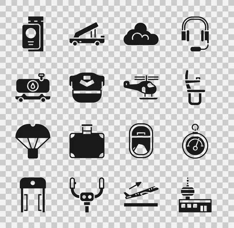 Set Airport control tower, Barometer, Airplane seat, Cloud weather, Pilot hat Illustration