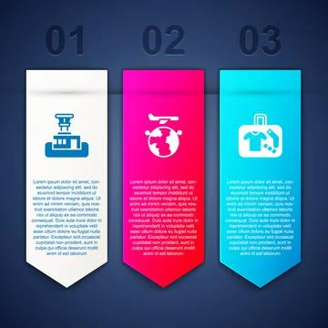 Set Airport control tower, Globe with flying plane and Suitcase. Business Illustration