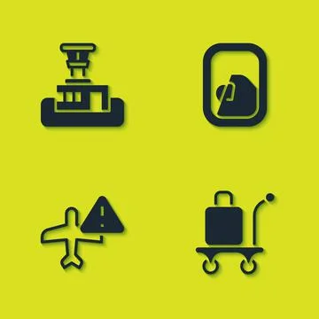 Set Airport control tower, Trolley baggage, Warning aircraft and Airplane window Stock Illustration