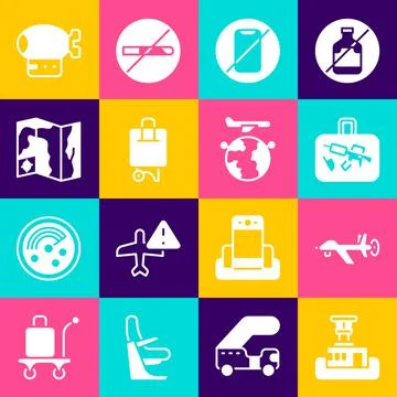 Set Airport control tower, UAV Drone, Suitcase, No cell phone, World travel map Stock Illustration