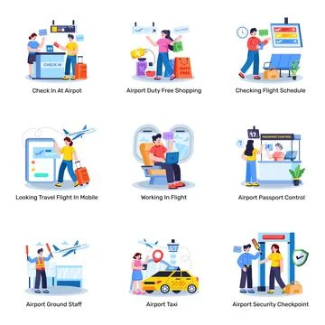 Set of Airport Flat Illustrations Stock Illustration