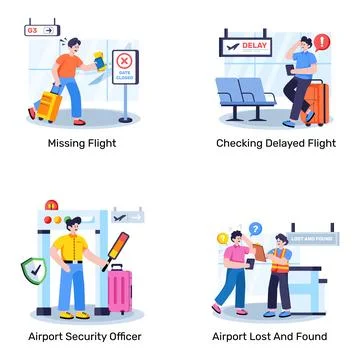 Set of Airport Services Flat Illustrations Stock Illustration