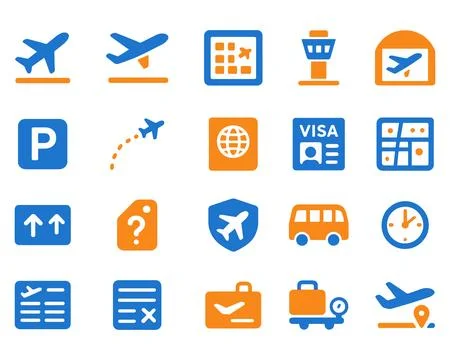 Set of airport vector icons in a flat style representing various travel and.. Stock Illustration