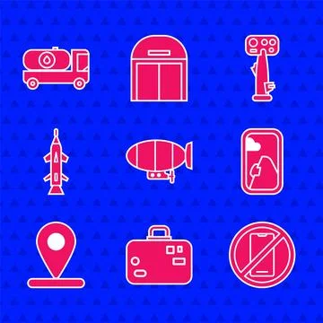 Set Airship, Suitcase, No cell phone, Airplane window, Location, Rocket, Ai.. Stock Illustration
