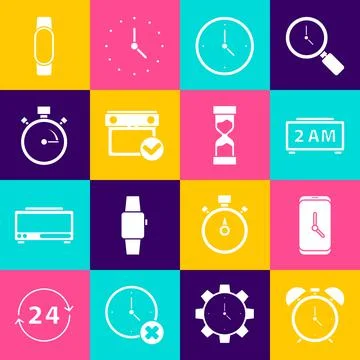Set Alarm clock, app mobile, Digital alarm, Clock, Calendar with check mark Illustrazione stock
