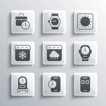 Set Alarm clock app mobile, Clock, Calendar autumn, Antique, winter, Work time Stock Illustration