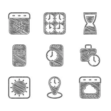 Set Alarm clock app mobile, Time zone clocks, Calendar autumn, Work time, Sun Illustrazione stock