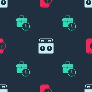 Set Alarm clock app mobile, Time chess and Work time on seamless pattern. Vector Ilustración de archivo