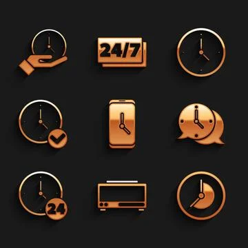 Set Alarm clock app mobile, Digital alarm, Clock, speech bubble, 24 hours, .. Stock Illustration