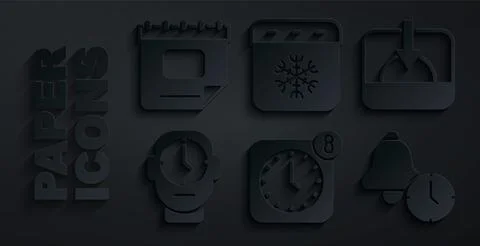Set Alarm clock app mobile, Sunset, Clock, Calendar winter and icon. Vector Stock Illustration