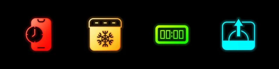 Set Alarm clock app mobile, Calendar winter, Digital alarm and Sunrise icon.. Stock Illustration