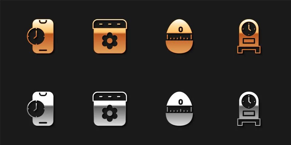 Set Alarm clock app mobile, Calendar spring, Kitchen timer and Antique icon.. Stock Illustration