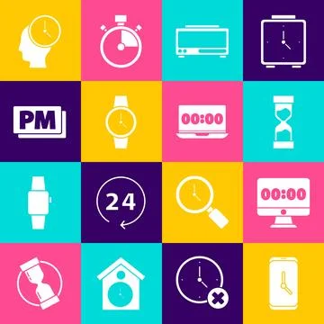 Set Alarm clock app mobile, Clock on monitor, Old hourglass, Digital alarm,.. Stock Illustration