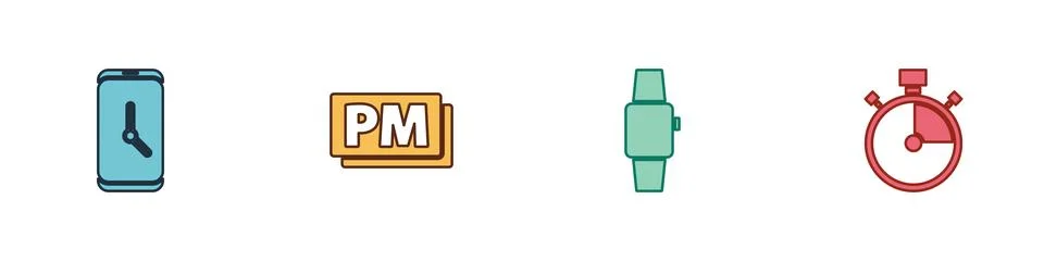 Set Alarm clock app mobile, Clock PM, Smartwatch and Stopwatch icon. Vector Stock Illustration