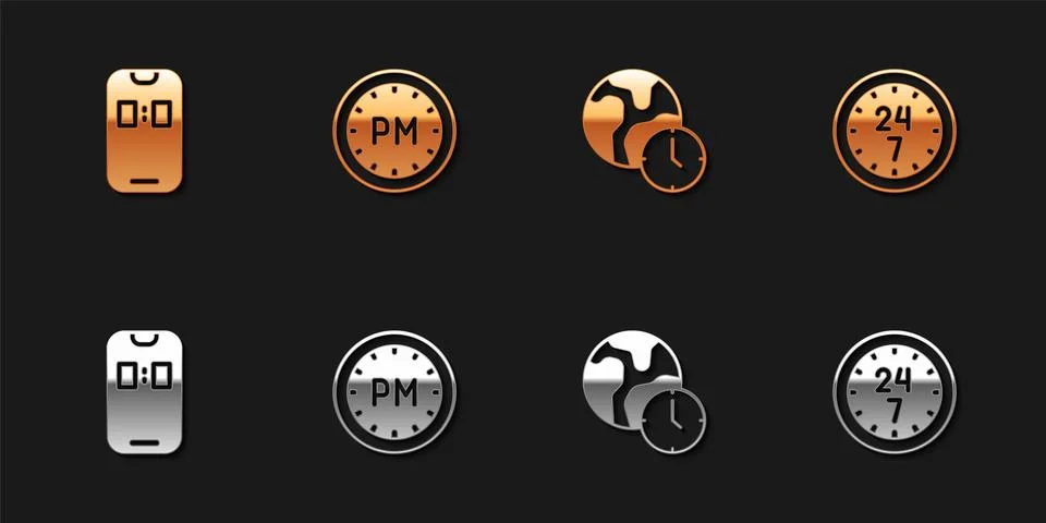 Set Alarm clock app mobile, Day time, World and Clock 24 hours icon. Vector Illustrazione stock