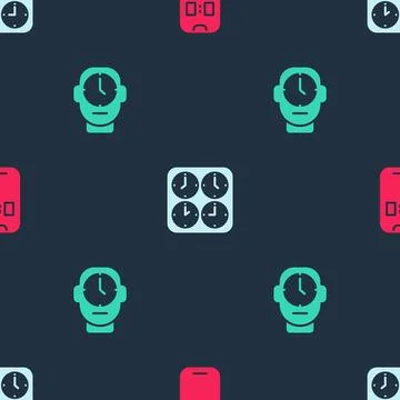Set Alarm clock app mobile, Time zone clocks and Clock on seamless pattern... Stock Illustration