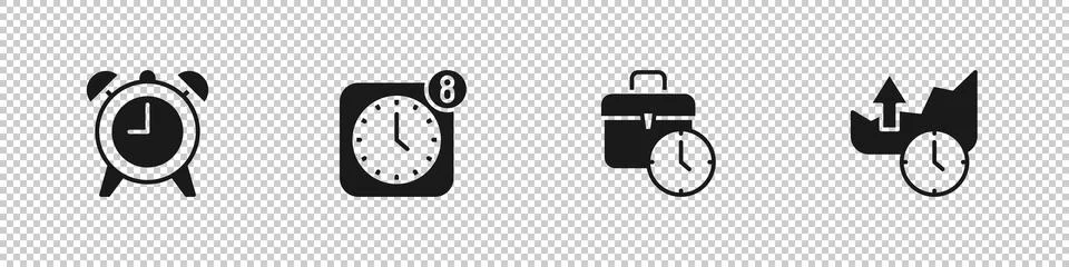 Set Alarm clock, app mobile, Work time and Stocks market growth graphs icon.. Stock Illustration