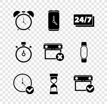 Set Alarm clock, app mobile, Clock 24 hours, Old hourglass, Calendar with c.. イラスト素材