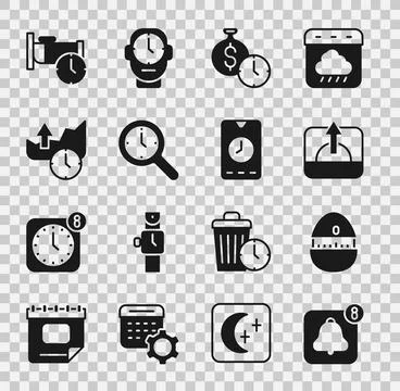 Set Alarm clock app mobile, Kitchen timer, Sunrise, Time money, Magnifying .. Stock Illustration