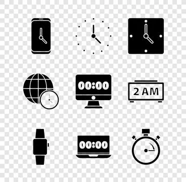 Set Alarm clock app mobile, Clock, Smartwatch, on laptop, Stopwatch, World .. Stock Illustration