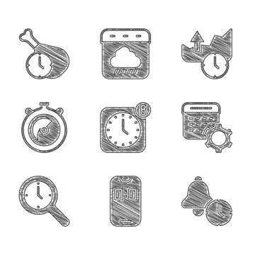 Set Alarm clock app mobile, Calendar settings, Magnifying glass with, Stopw.. Illustrazione stock