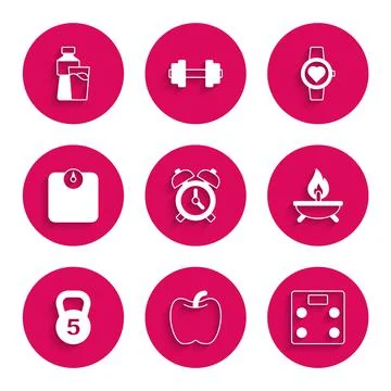 Set Alarm clock, Apple, Bathroom scales, Aroma candle, Weight, Smart watch and Illustrazione stock