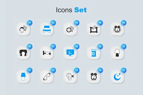 Set Alarm clock, Bed, Big bed, Table lamp, Moon and stars, Dreams and  icon.. Ilustración de archivo