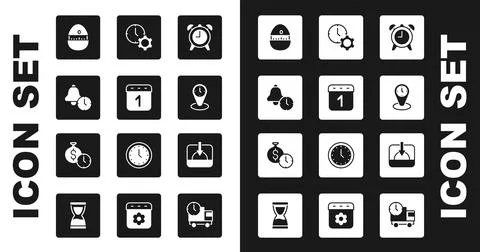 Set Alarm clock, Calendar, Kitchen timer, Time zone clocks, management, Sunset Illustrazione stock